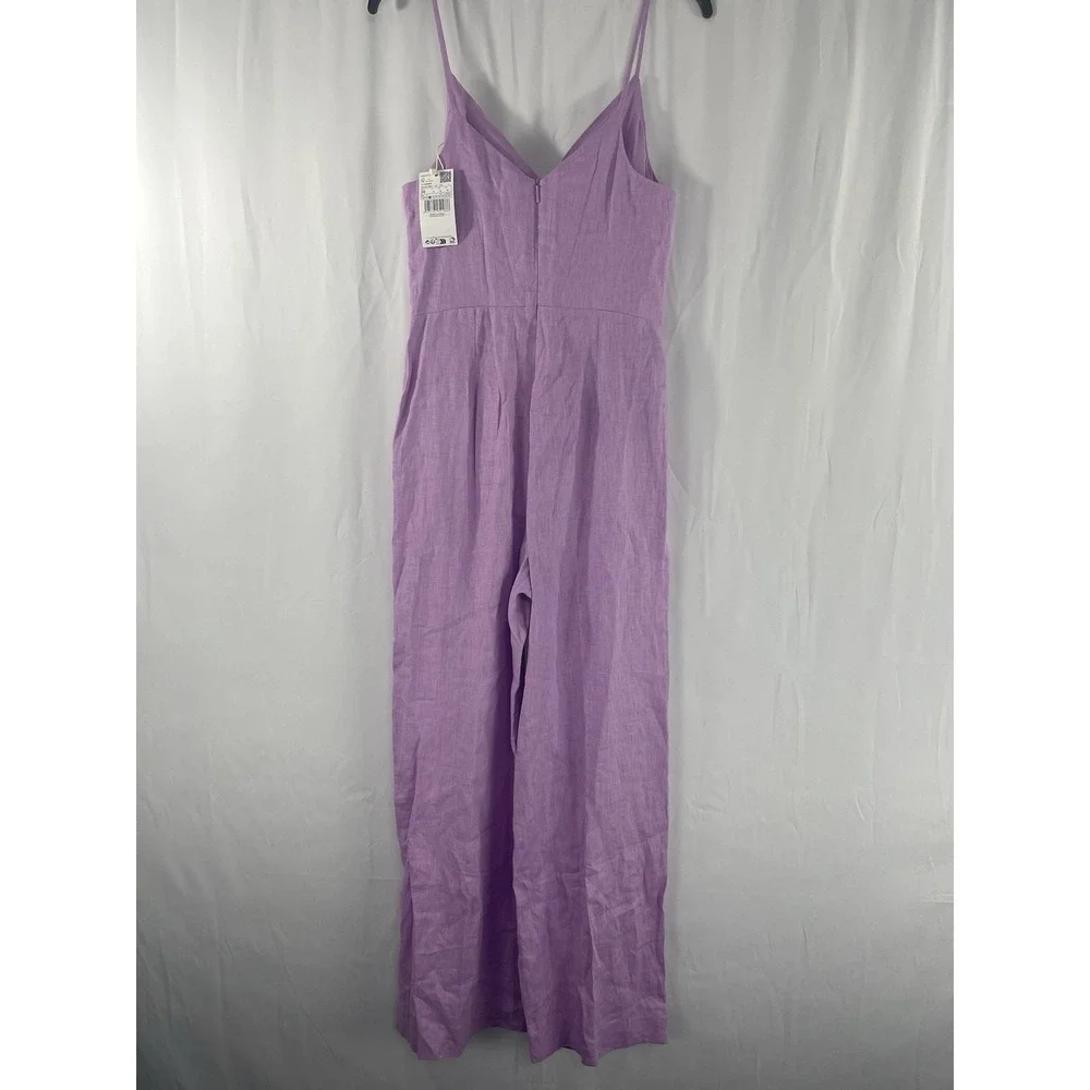 New MNG Mango 100% Linen Knot Sleeveless Jumpsuit Lilac Size Medium (US)